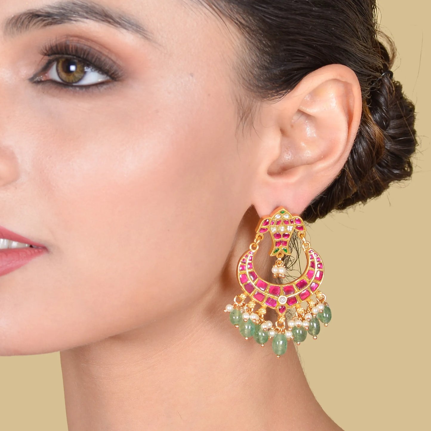 Designer Fish Motif Jadau Kundan Chandbali Earrings with Pearl and Green Beads Hangings