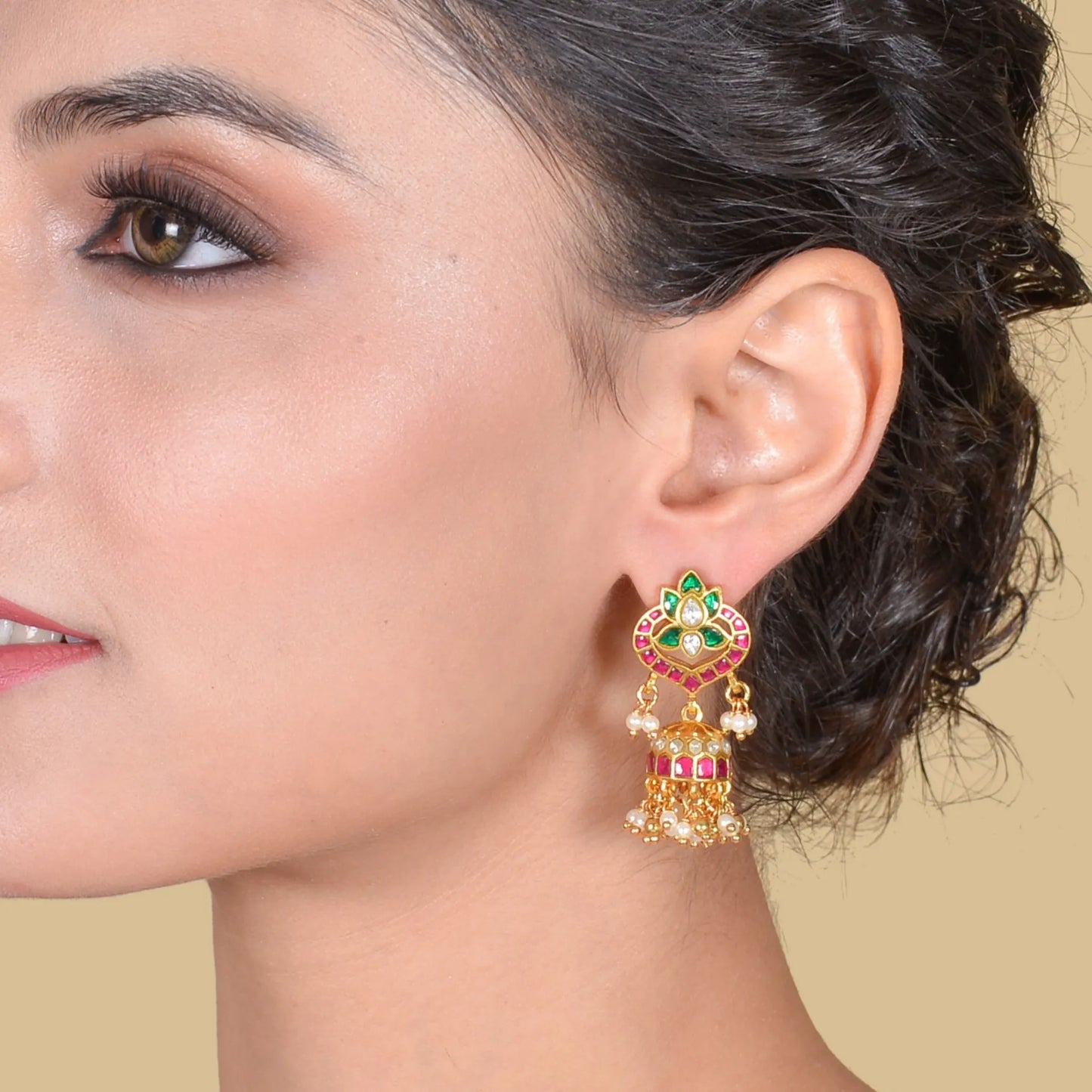 Eye-Catching Designer Jadau Kundan Jhumka Earrings with Pearl Beads Hangings