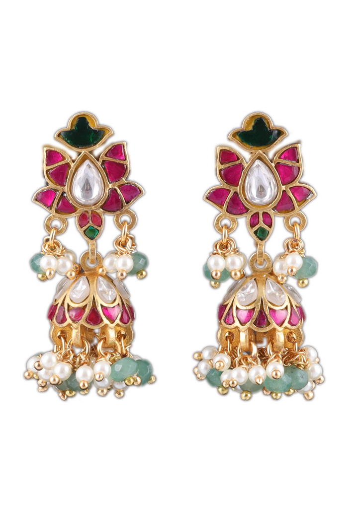 Classic Floral Jadau Kundan Jhumka Earrings with Emerald Green Beads and Pearl Hangings