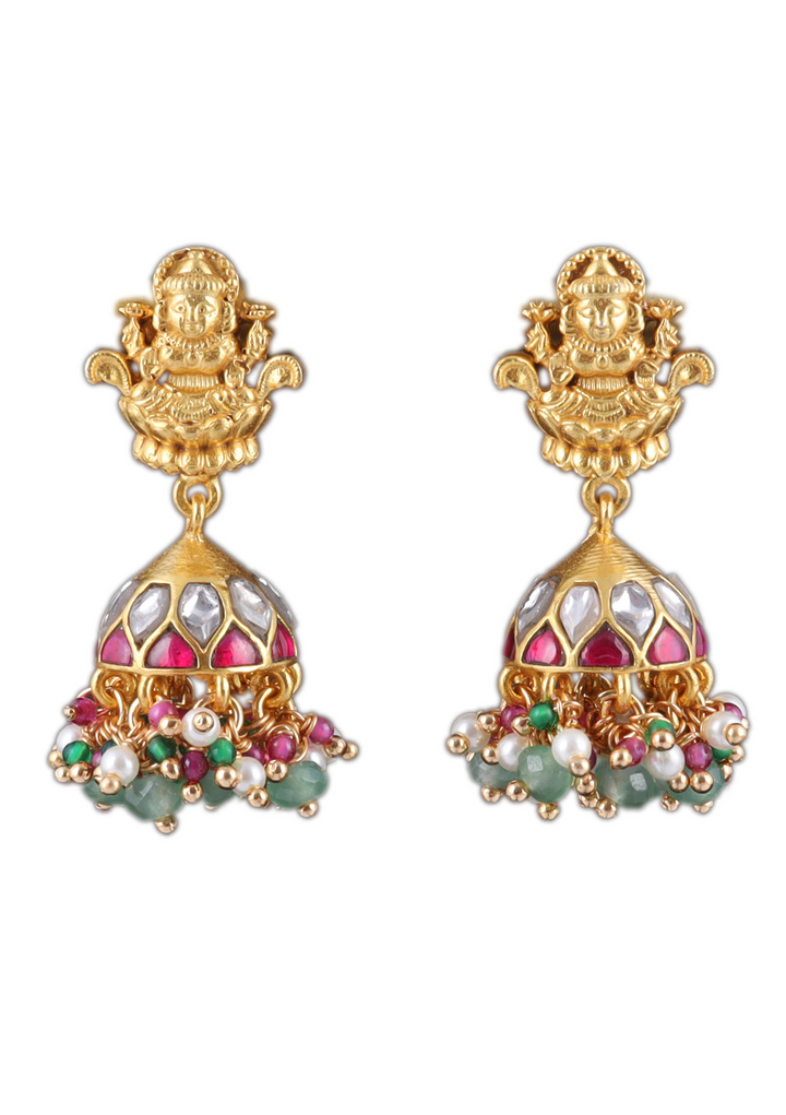 Traditional Lakshmi Jadau Kundan Small Jhumka Earrings with beads