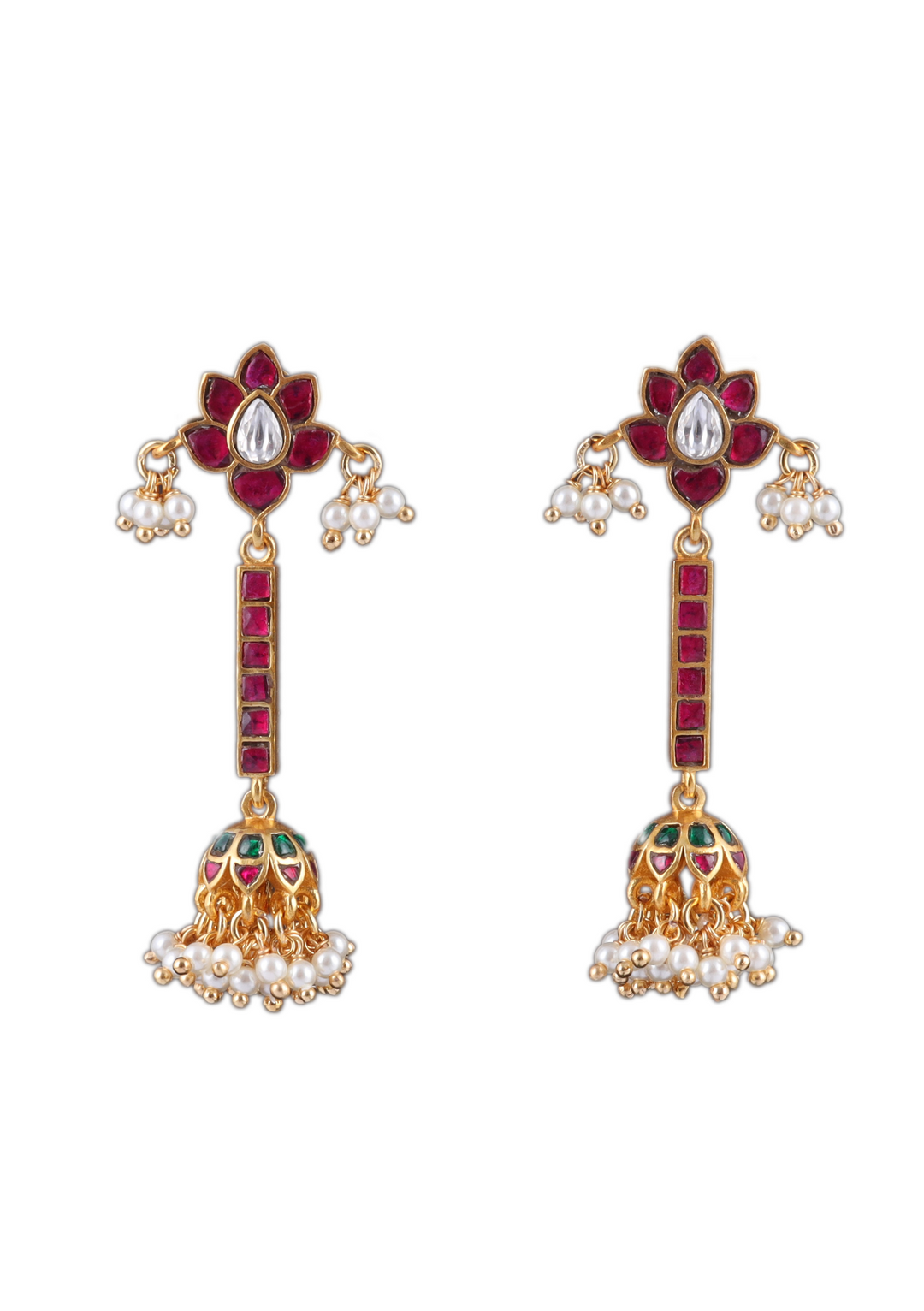 Simple Classic Long Floral Jadau Kundan Jhumka Earrings with Pearls