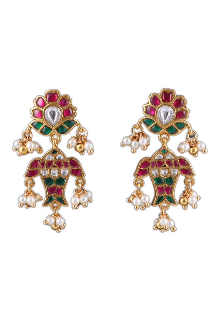 Classic Floral Fish Jadau Kundan Earrings with Pearl Hangings