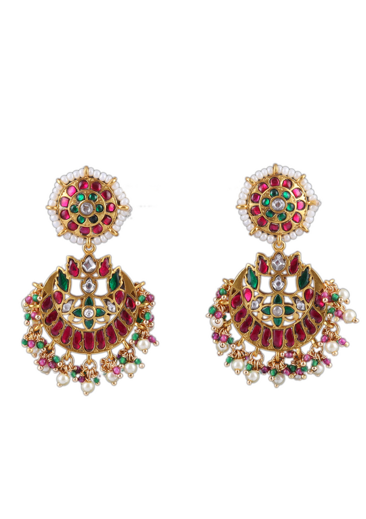 Elegant Floral Jadau Kundan Chandbali Earrings with Pearls and  Beads Hangings