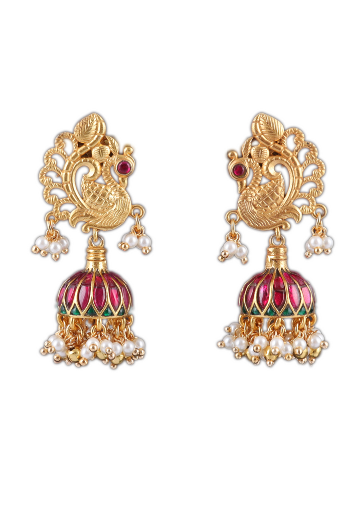 Traditional Peacock Jadau Kundan  Jhumka Earrings with Hanging Pearls