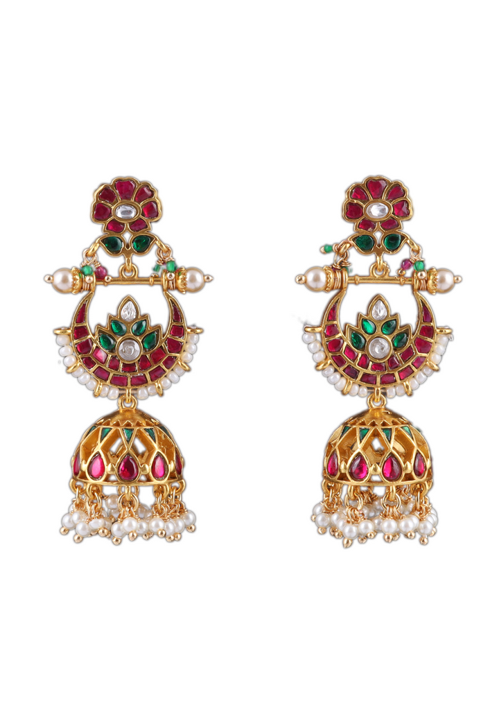 Traditional Classic Jadau Kundan Chandbali Earrings Jhumka with Pearl Hangings