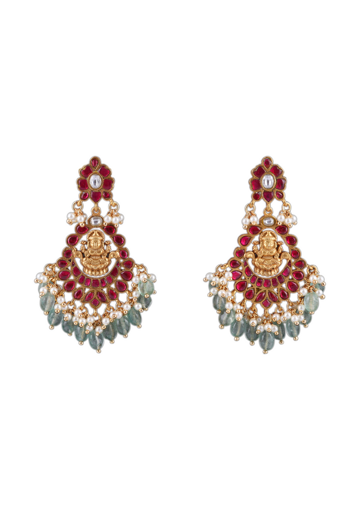 Lakshmi Motif Real Jadau Kundan Chandbali Earrings with Green Emerals Beads Hangings