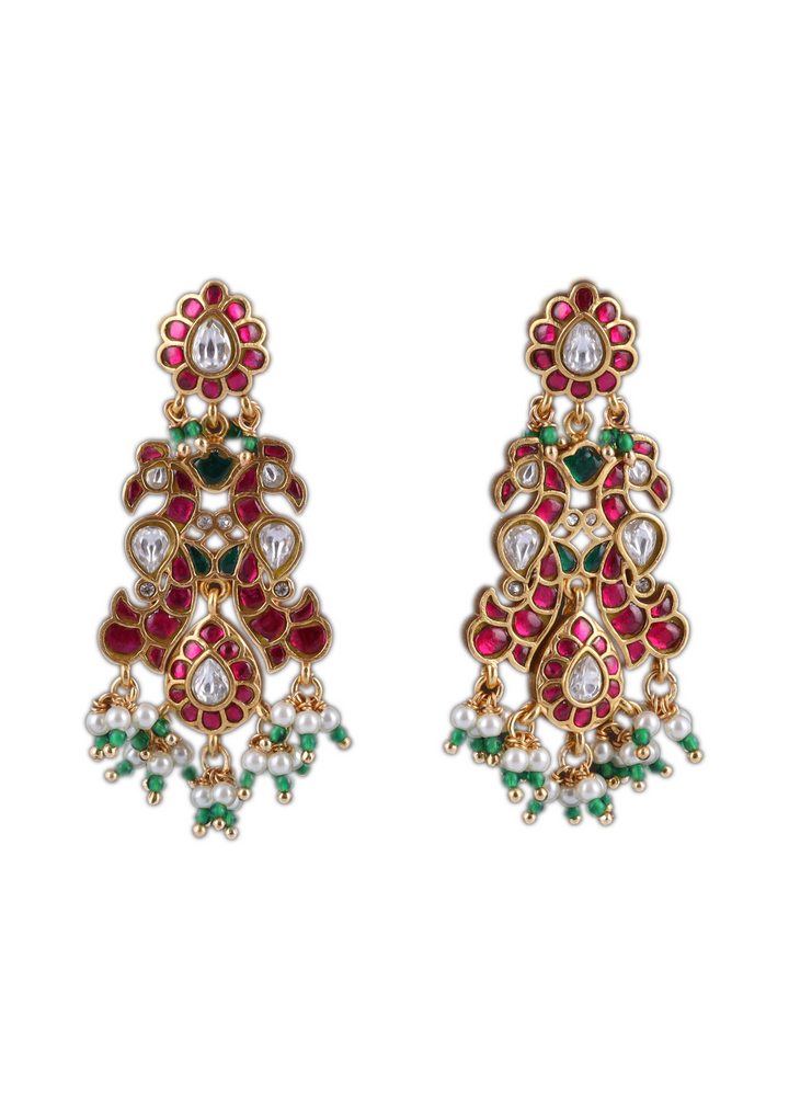 Bridal Classic Peacock Real Jadau Kundan Earrings with Pearls and Beads Hangings