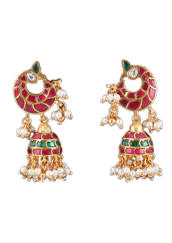 Real Jadau Kundan Work Peacock Jhumka Earrings with Pearls