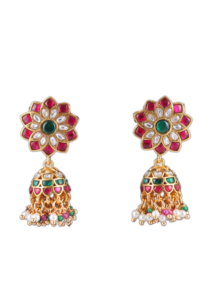Elegant Floral Jadau Kundan Jhumka Earrings with Pearls and Beads