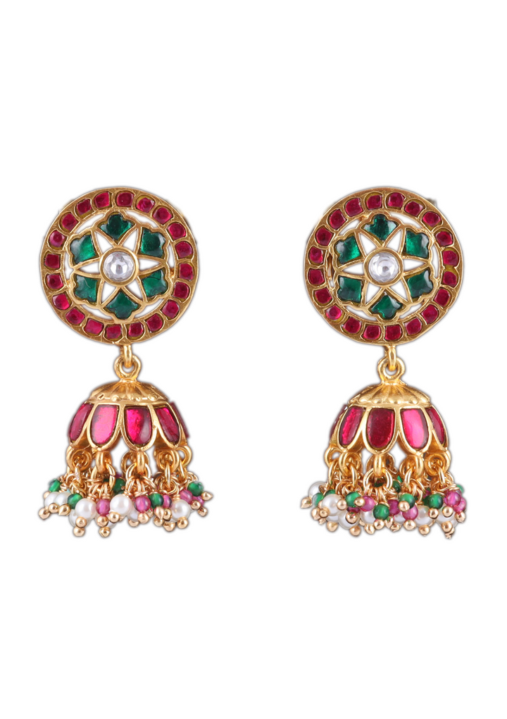 Classic Floral Pattern Jadau Kundan Jhumka Earrings with Pearl, Red and Green Beads Hangings