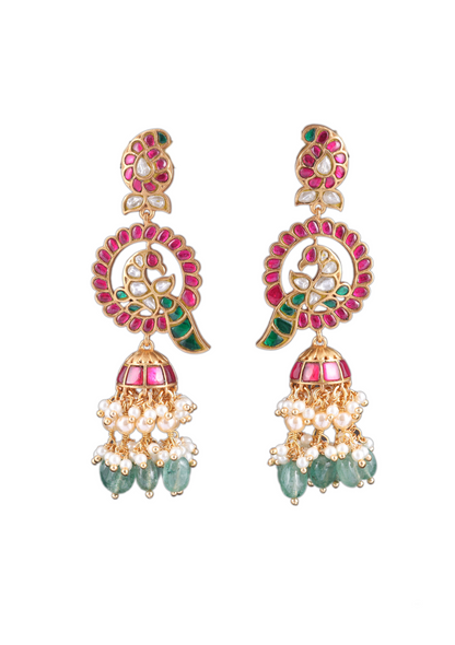 Charming Designer Peacock Jhumka Jadau Kundan Earrings with Green Emerald Beads Hangings