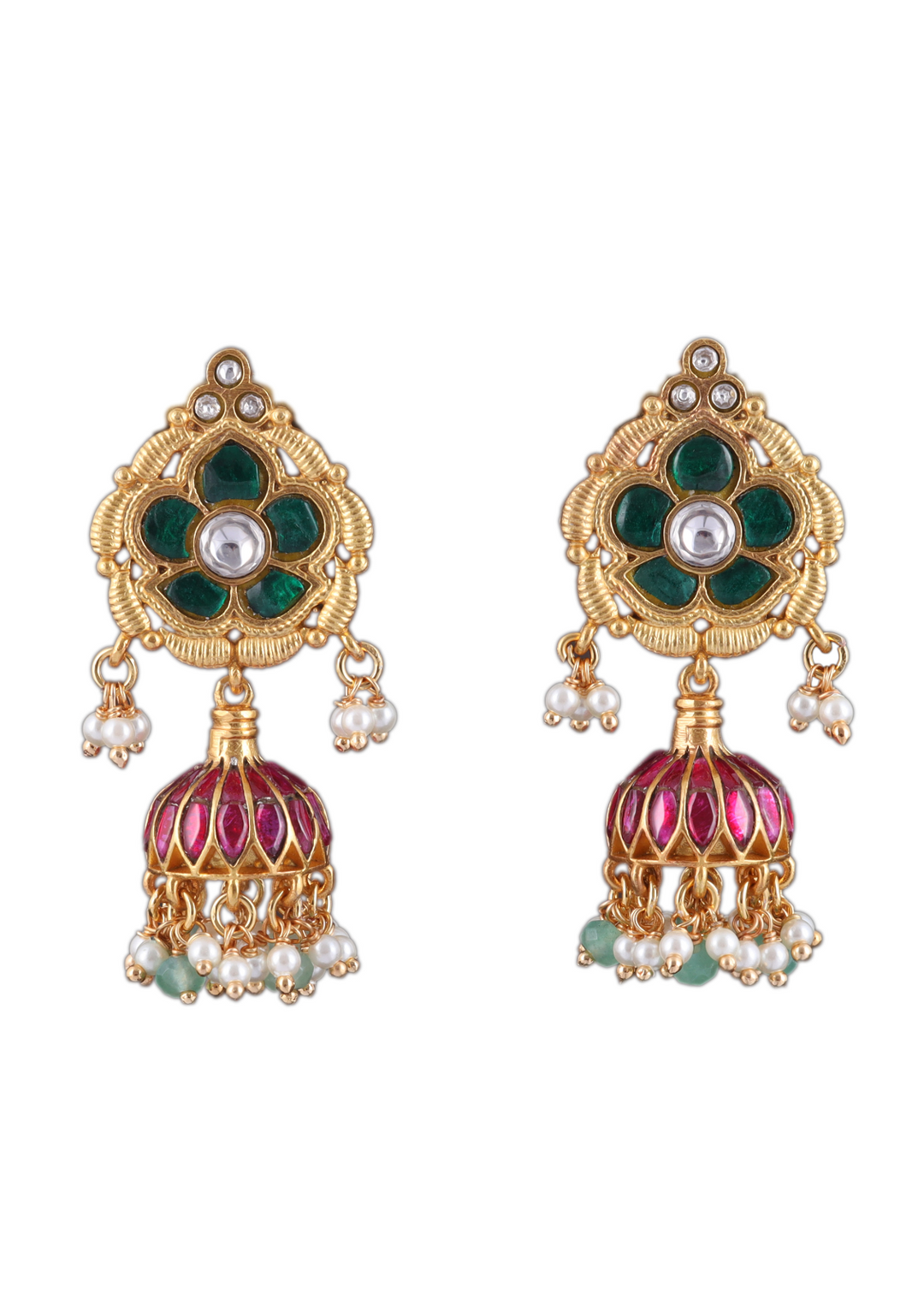 Charming Jadau Kundan Jhumka Earrings with Pearl and Green Beads