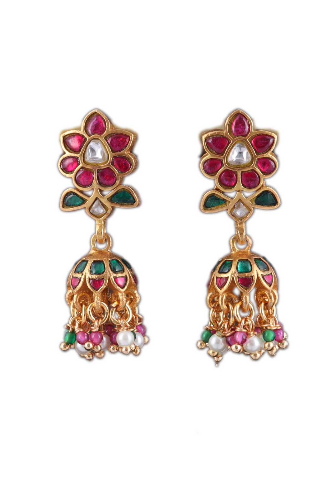 Stylish and Cute Jadau Kundan Designer Jhumka Earrings with Pearl and Green Beads Hangings