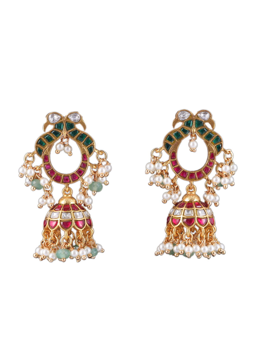 Attractive Designer Jadau Kundan Jhumka Earrings with Pearl And Green Beads Hangings