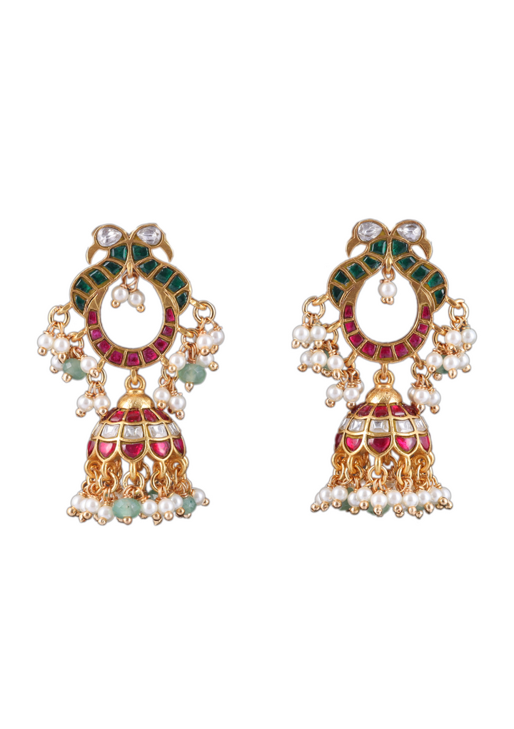 Attractive Designer Jadau Kundan Jhumka Earrings with Pearl And Green Beads Hangings