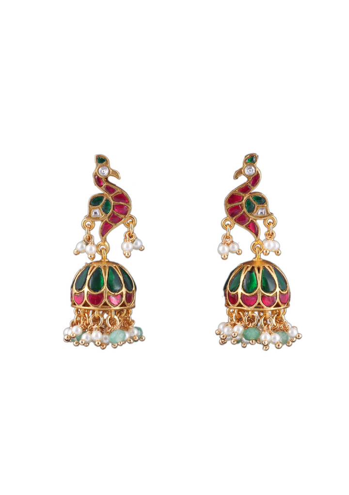 Regal Designer Peacock Jadau Kundan Jhumka Earrings with Pearl and Green Beads Hangings
