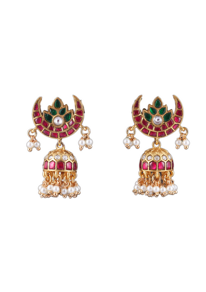 Beautiful Jadau Kundan Chandbali Jhumka Earrings with Pearl Beads Hangings