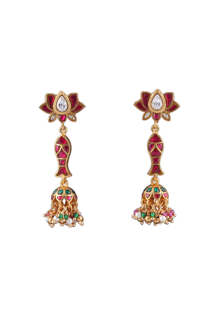 Lotus and Fish Designer Jadau Kundan Jhumka Earrings with Pearl, Red and Green Hangings