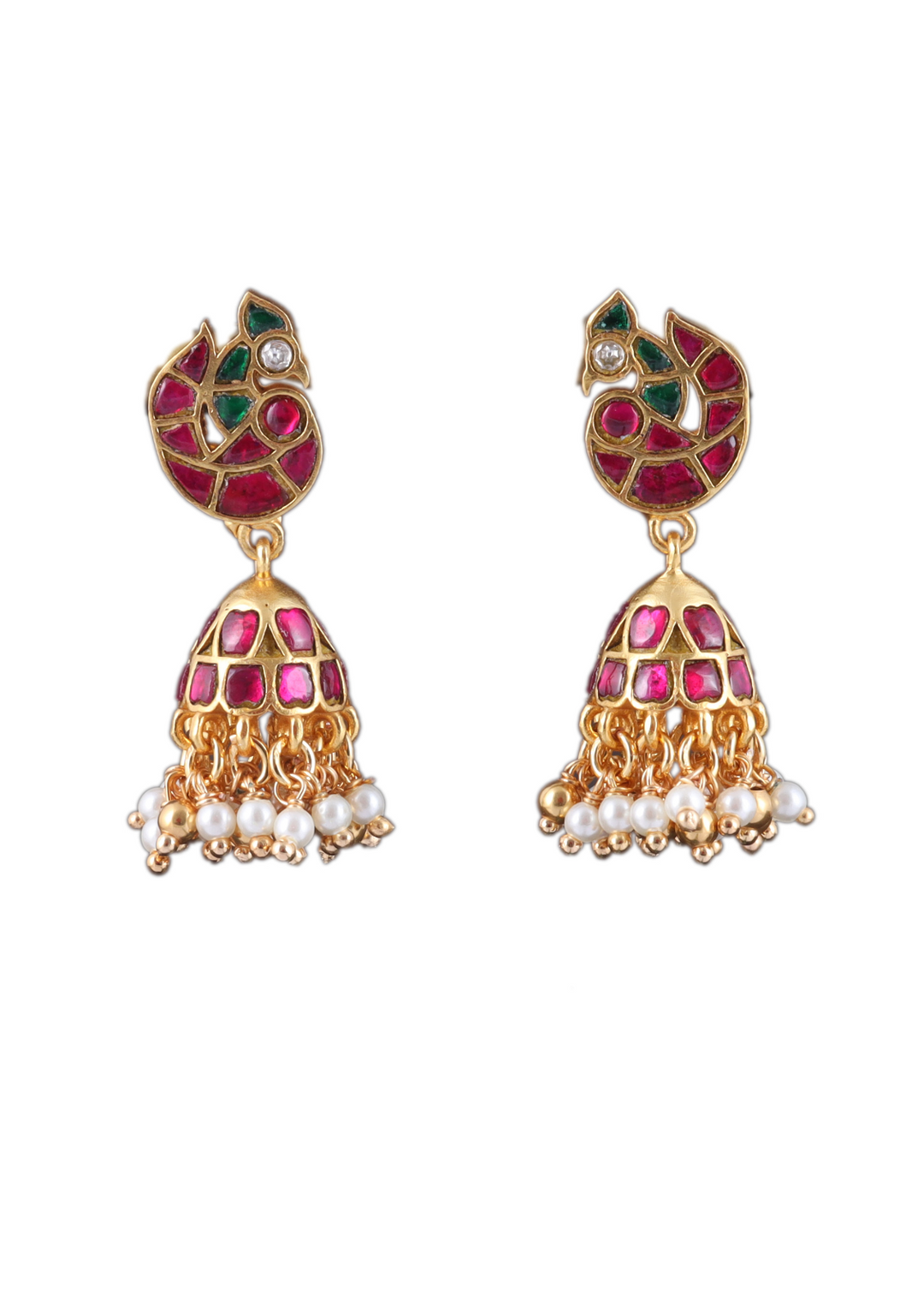 Regal Peacock Jadau Kundan Jhumka Earrings with Pearl Hangings