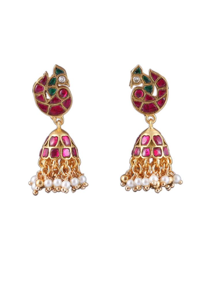 Regal Peacock Jadau Kundan Jhumka Earrings with Pearl Hangings