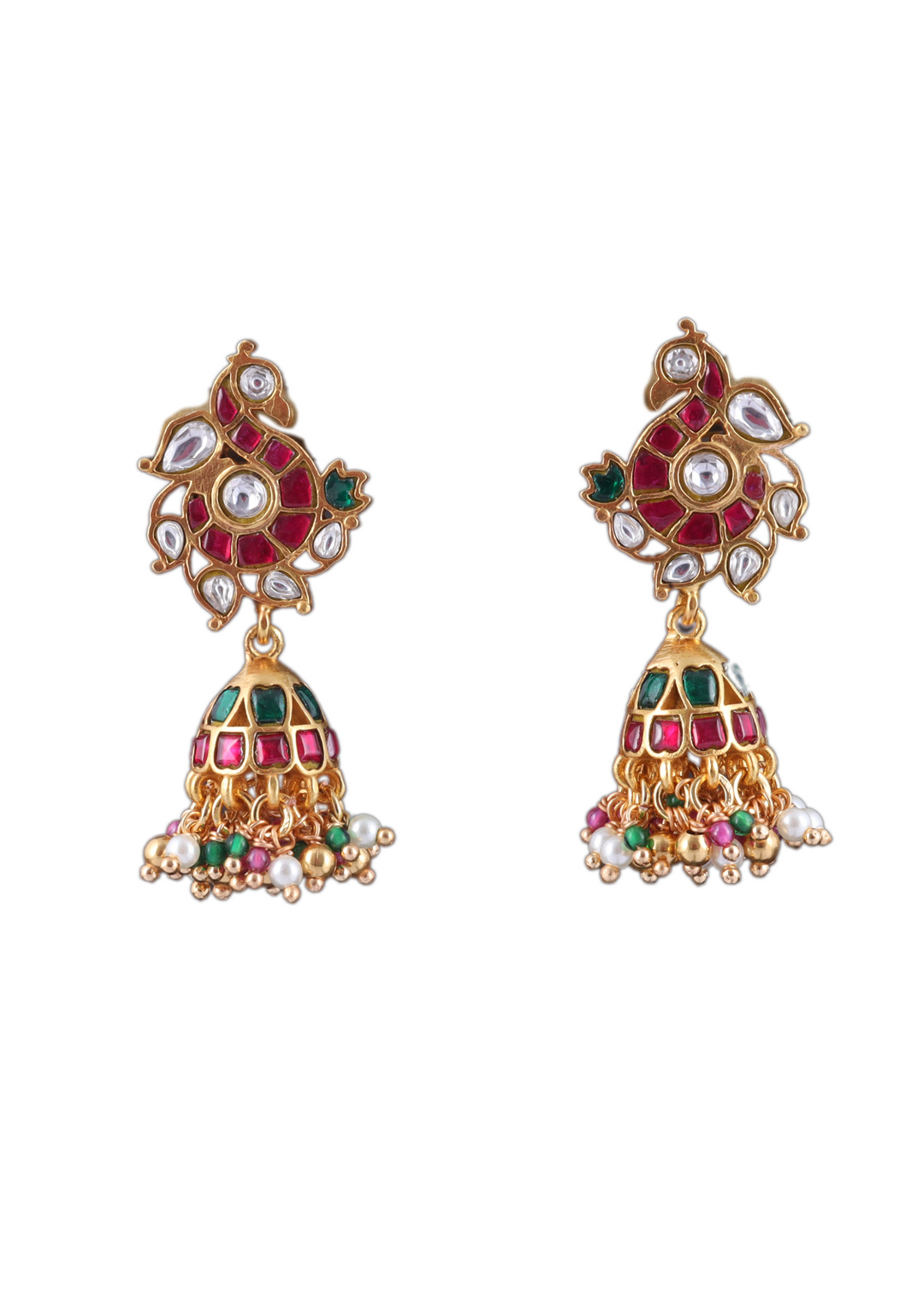 Stylish Peacock Motif Jadau Kundan Jhumka Earrings with Pearl and Green Beads Hangings