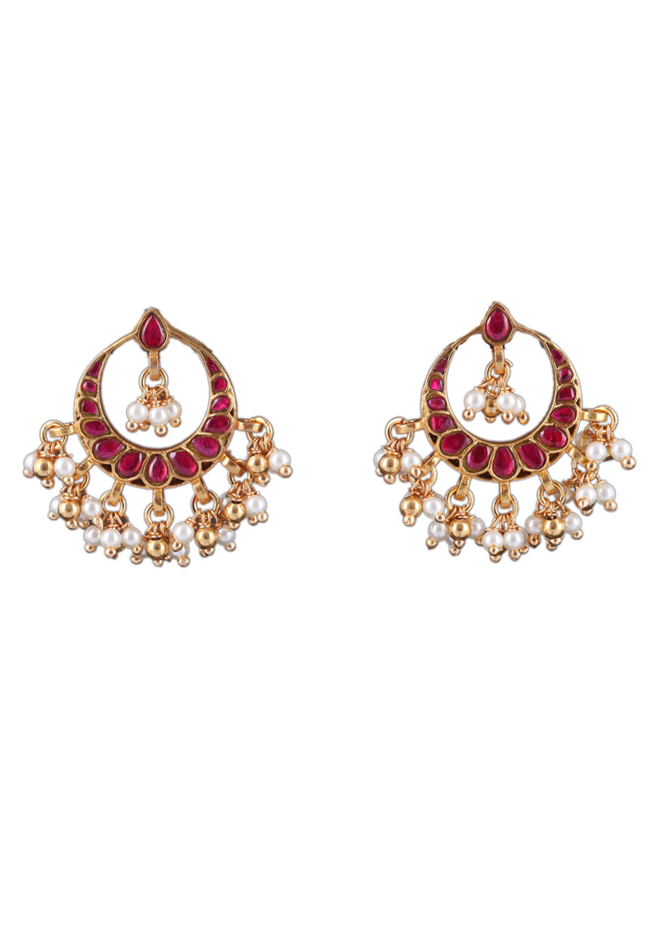 Elegant Jadau Kundan Designer Chandbali Earrings with Pearls Hangings