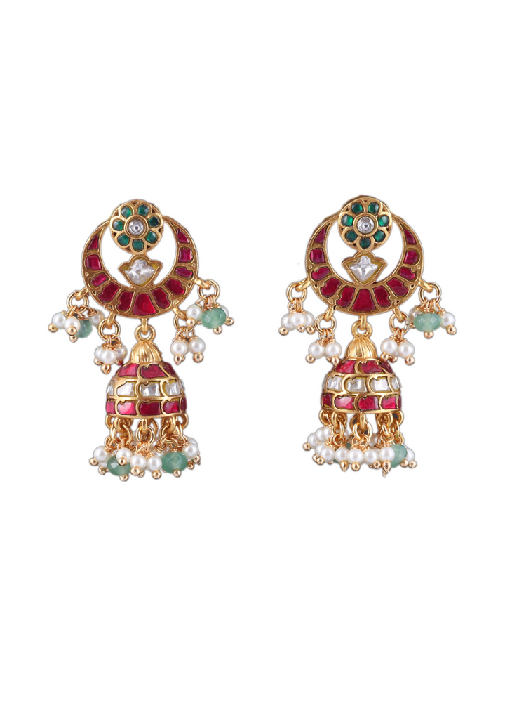 Designer Chandbali Jadau Kundan Jhumka Earrings with Pearls and Green Beads Hangings