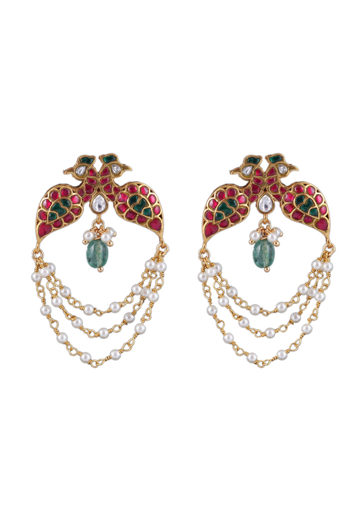 Dual Peacock Designer Jadau Kundan Earrings with Pearls
