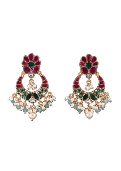 Charming Jadau Kundan Chandbali Earrings with Pearl and Green Beads Hangings