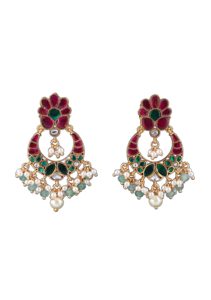 Charming Jadau Kundan Chandbali Earrings with Pearl and Green Beads Hangings