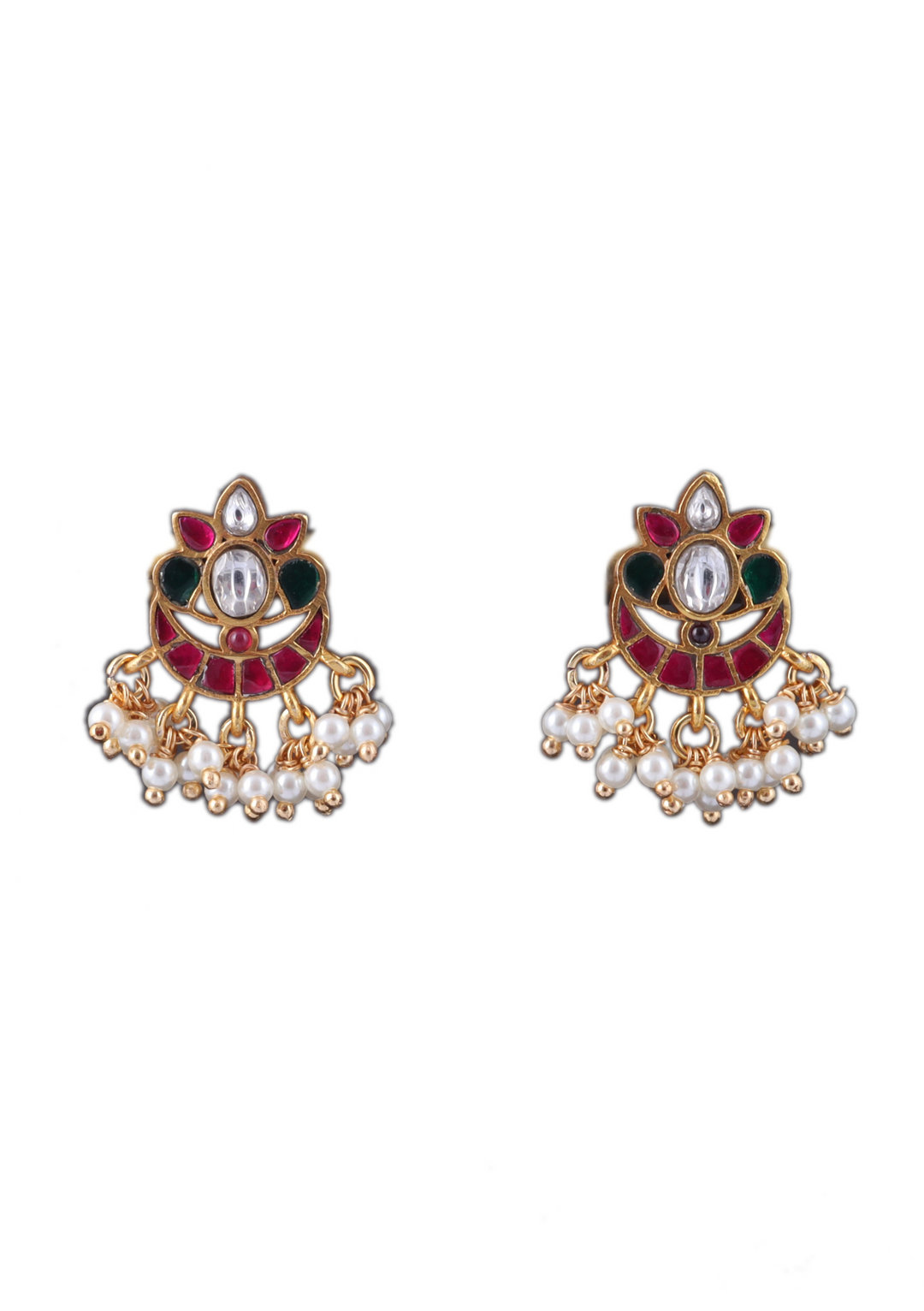 Delicate Designer Jadau Kundan Stud Earrings with Pearl Beads Hangings