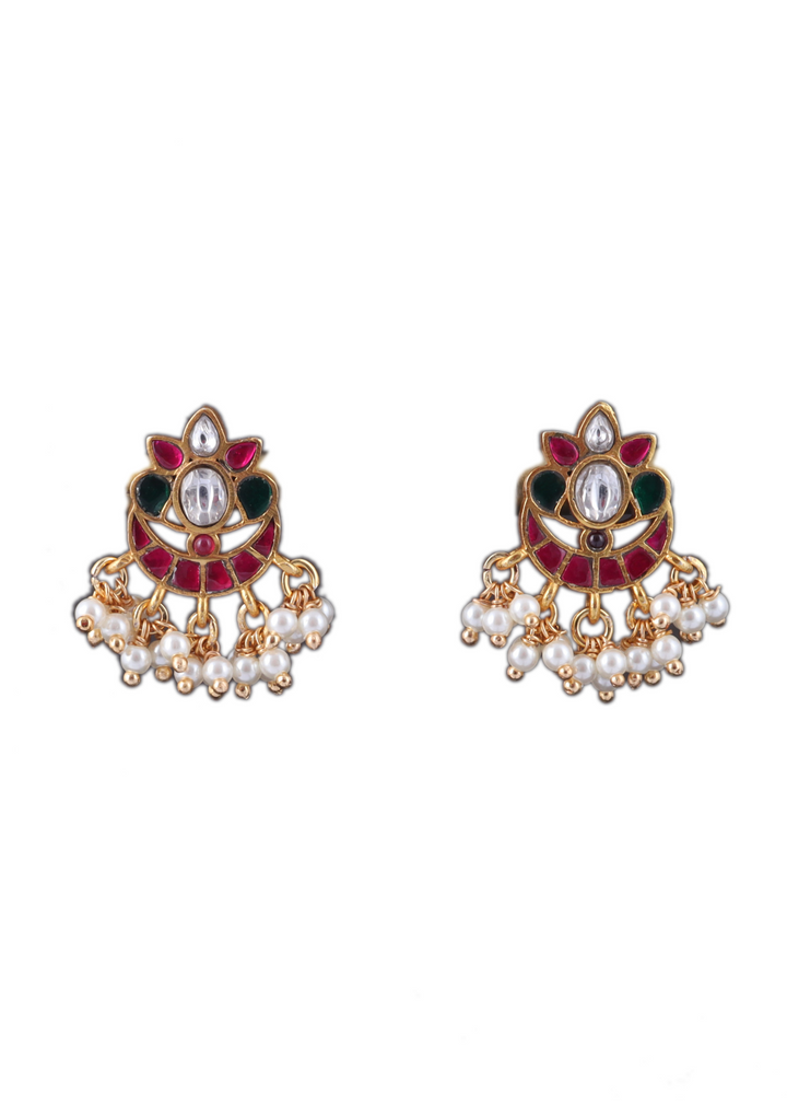 Delicate Designer Jadau Kundan Stud Earrings with Pearl Beads Hangings