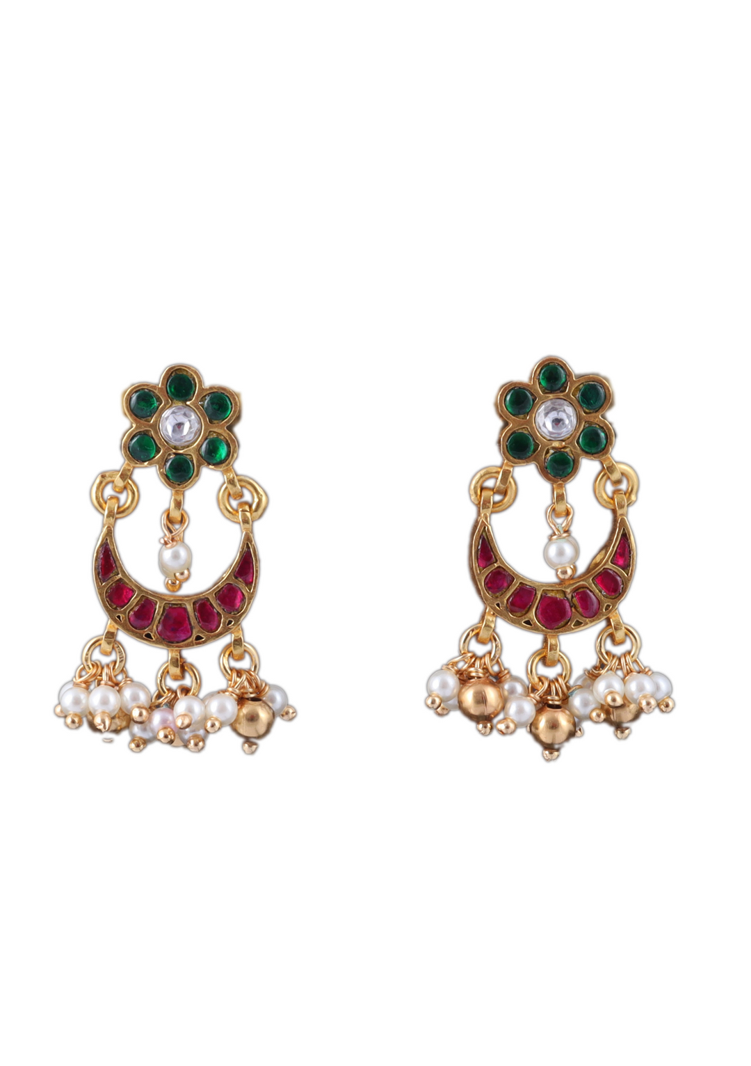 Simple Jadau Kundan Chandbali Earrings With Pearl Hangings