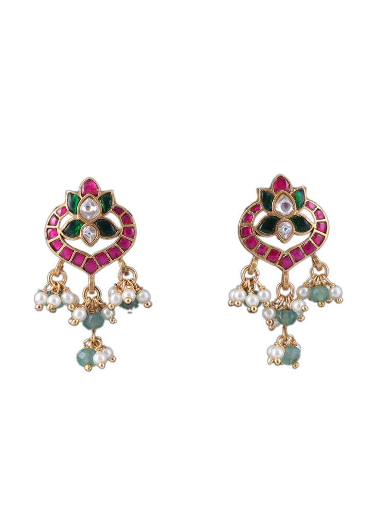 Pretty Looking Jadau Kundan Stud Earrings with Pearl and Green Beads Hangings