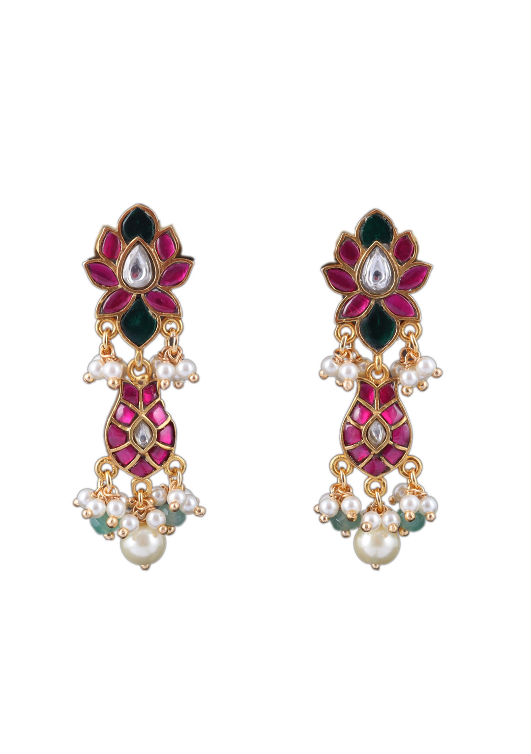 Dazzling Jadau Kundan Designer Earrings with Pear and Green Beads Hangings
