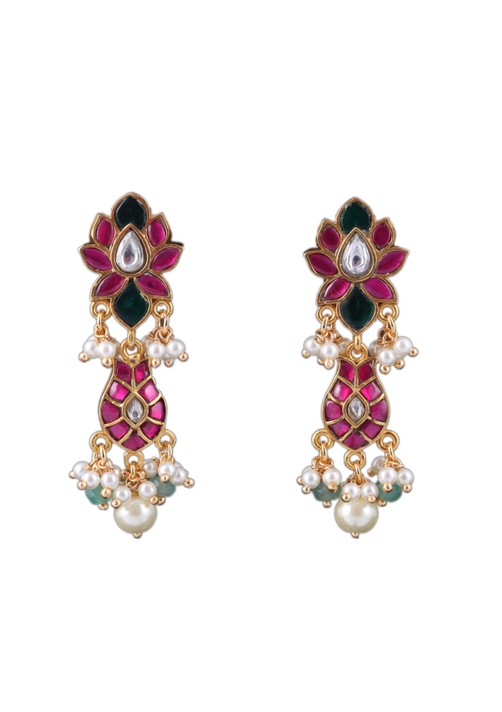 Dazzling Jadau Kundan Designer Earrings with Pear and Green Beads Hangings
