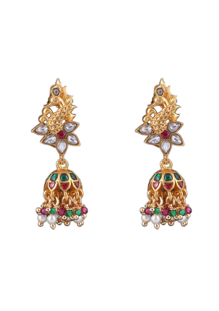 Pretty Looking Peacock Jadau Kundan Jhumka Earrings with Peal, Red and Green Beads Hangings