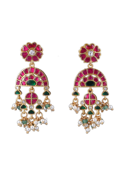 Glorious Designer Jadau Kundan Earrings with Pearl and Green Beads Hangings