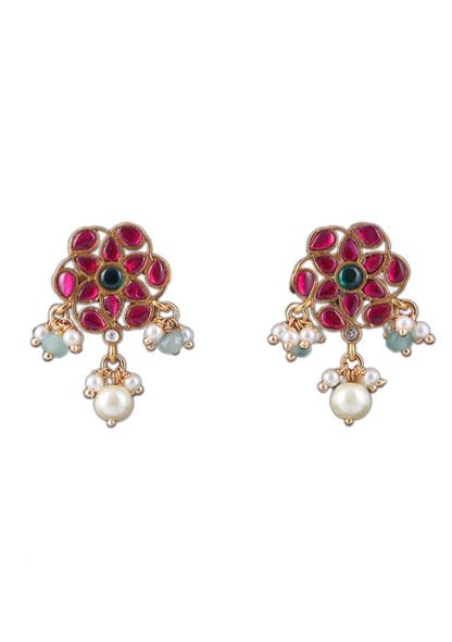 Simple and Classic Jadau Kundan Stud Earrings with Pearl and Green Beads Hangings