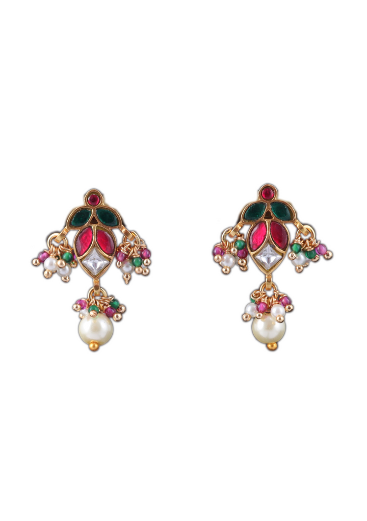 Simple and Cute Jadau Kundan Stud Earrings with Pearl Hangings