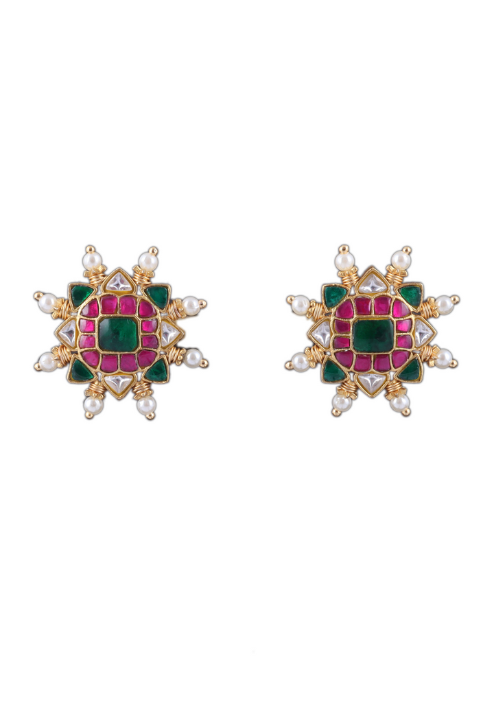 Dashing Designer Jadau Kundan Stud Earrings with Pearl Beads