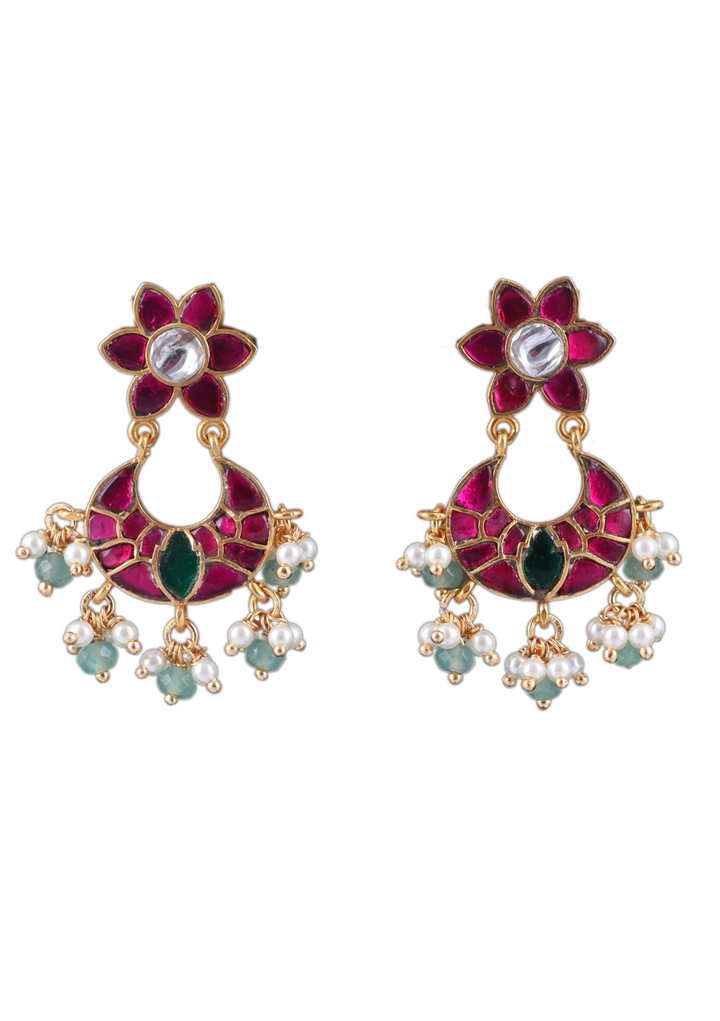 Simple and Classic Designer Jadau Kundan Chandbali Earrings with Pearl and Green Beads Hangings