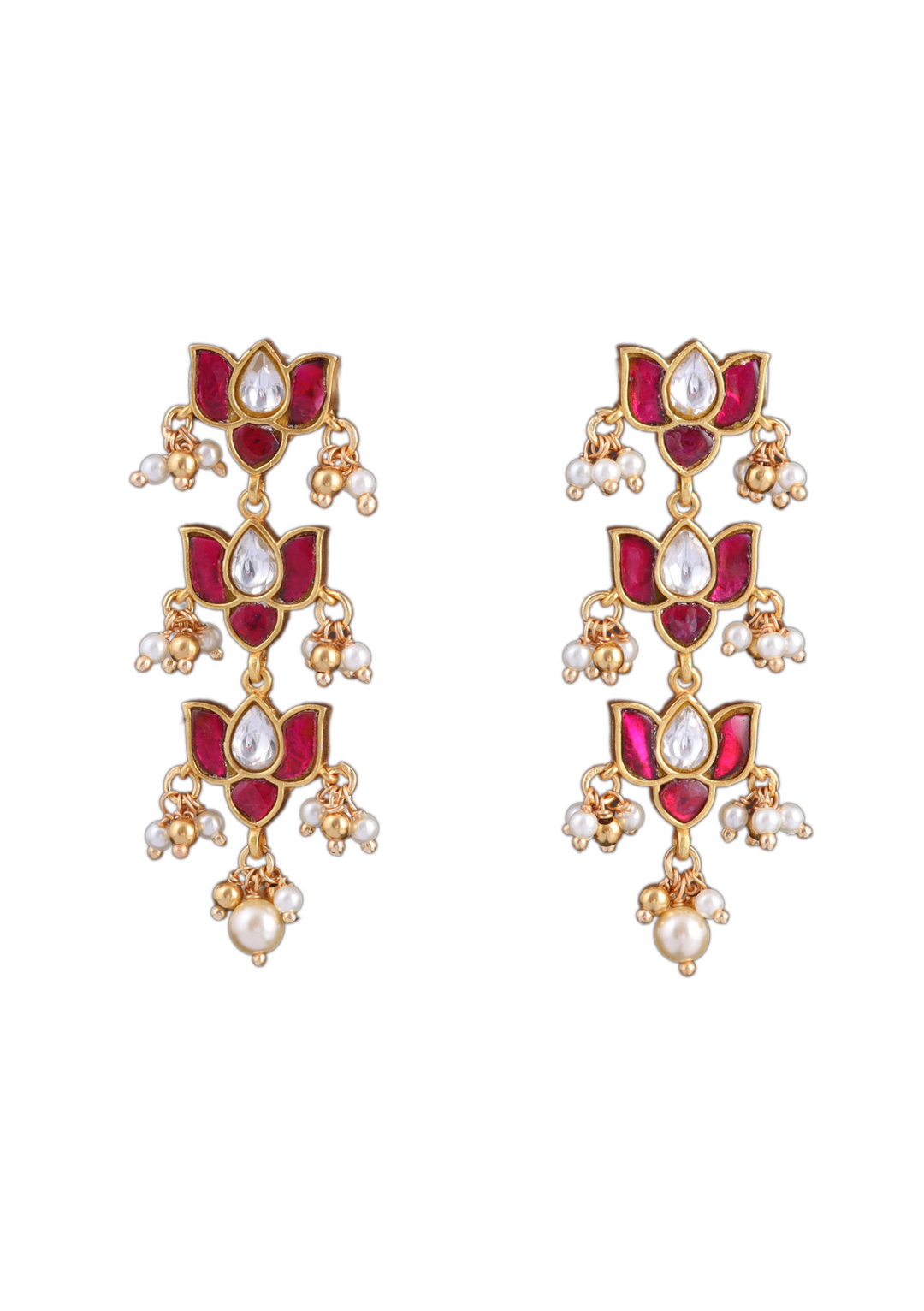 Three Lotus Designer Jadau Kundan Classic Earrings with Pearl Hangings