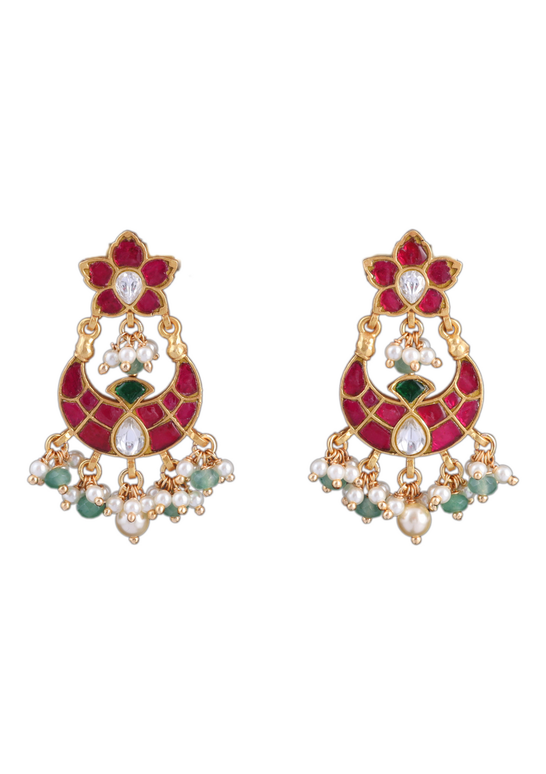 Exclusive Hand Crafted Designer Chandbali Earrings with Pearl and Green Beads Hangings