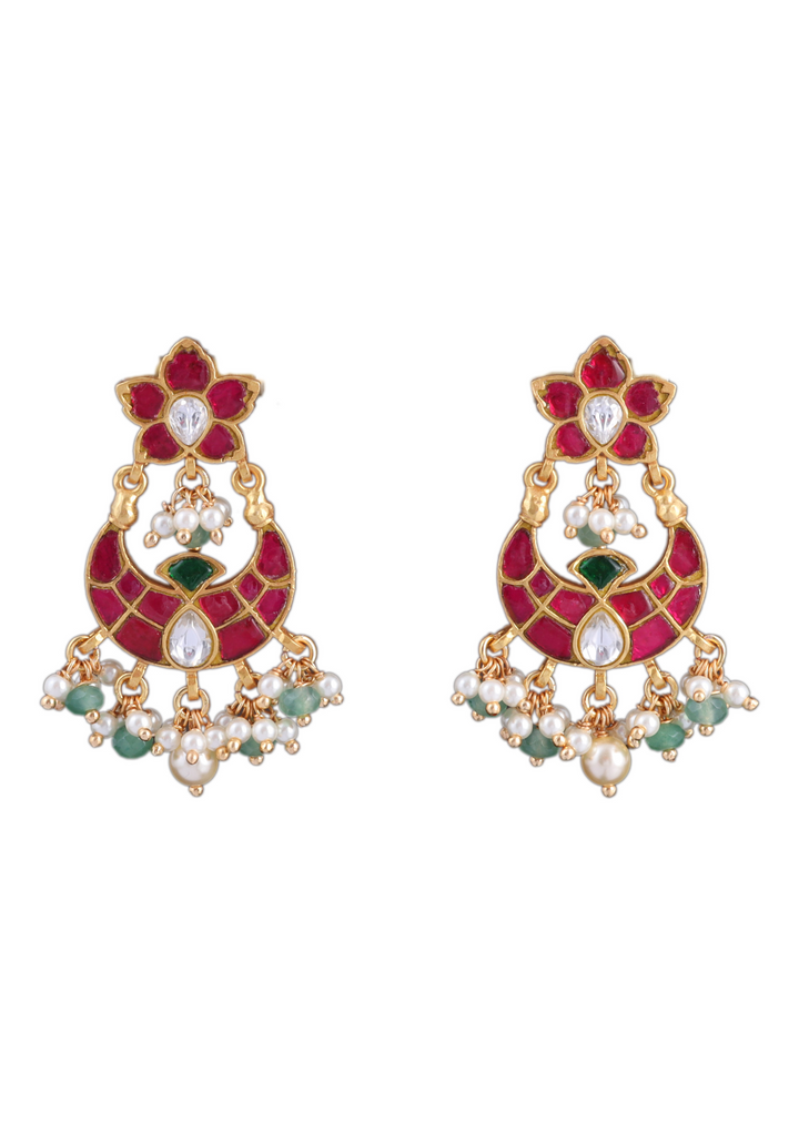 Exclusive Hand Crafted Designer Chandbali Earrings with Pearl and Green Beads Hangings