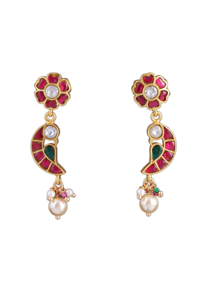 Classic Floral and Peacock Jadau Kundan Earrings with Pearl Hangings