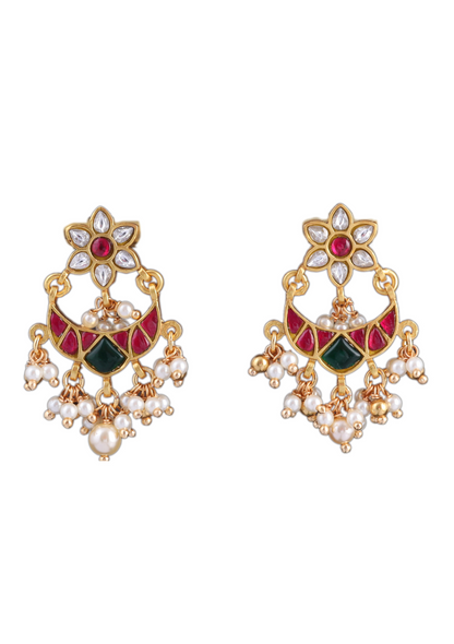 Simple and Cute Designer Floral Chandbali Earrings with Pearl Beads Hangings