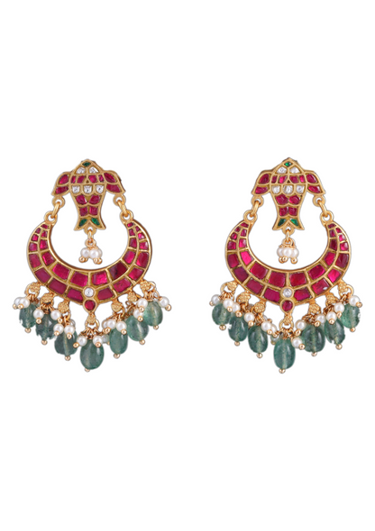Designer Fish Motif Jadau Kundan Chandbali Earrings with Pearl and Green Beads Hangings