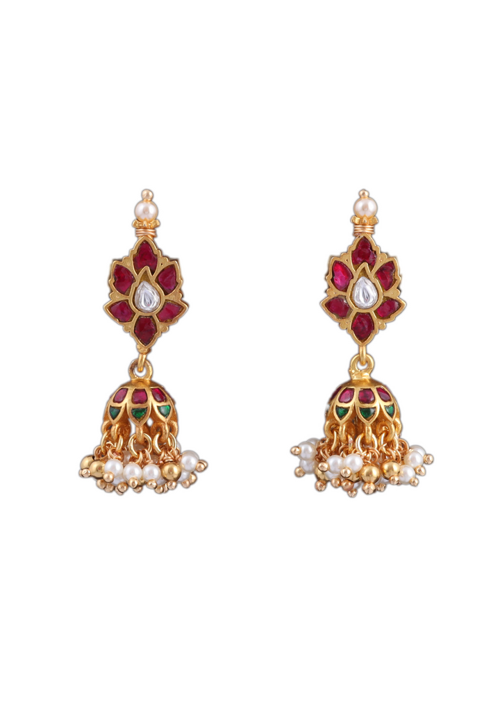 Classy Jadau Kundan Floral Jhumka Earrings with Pearl Hangings