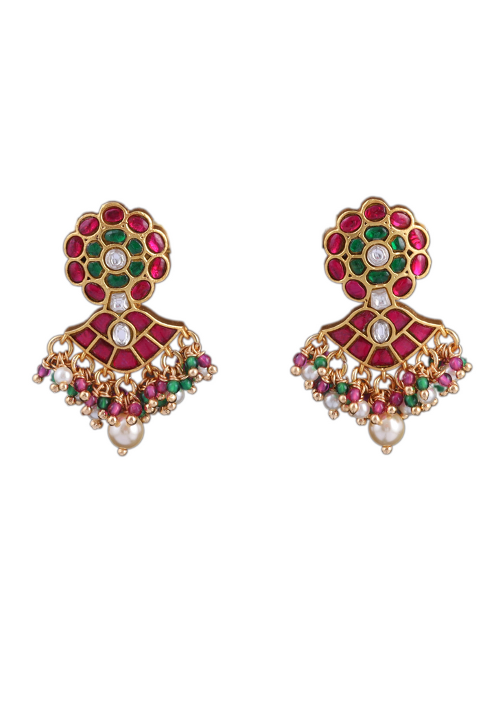 Exclusive Floral Motif Jadau Kundan Earrings with Pearl, Read and and Green Beads Hangings